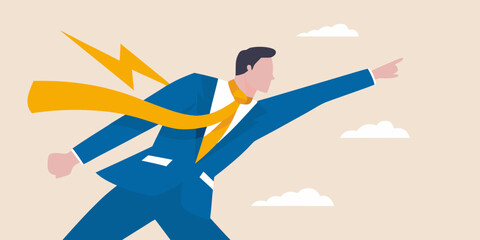 A businessman in a suit runs forward with a golden ribbon and lightning