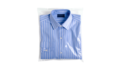A folded blue and white striped shirt sealed in a clear plastic bag