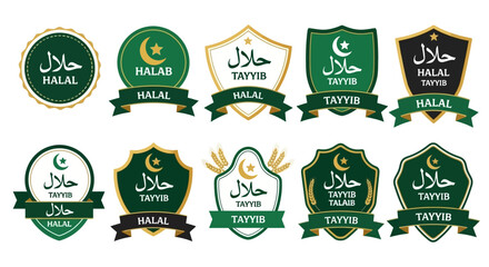 Collection of halal certification labels and badges in various green and gold designs on white background