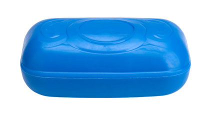 A close-up of a blue, rectangular plastic soap dish with a rounded top and small details