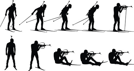 Set of biathlon athlete silhouettes, winter sports professional cross country skiing and shooting positions, isolated vector icons for competition events and training graphics © MDMOSTAKIM