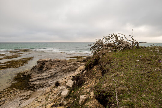 Rocky Shoreline meets Endless Blue at &ldquo;Chicotte&rdquo; (Whip) on Anticosti Island, where Dense Forest Borders the Sea, creating a Wild, Remote and Breathtaking Coastal View