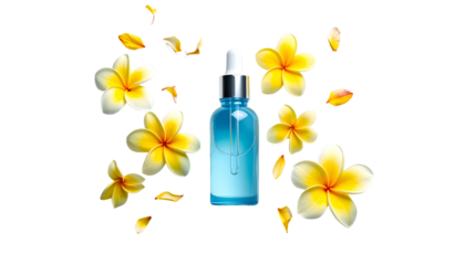 Blue serum bottle with dropper, surrounded by plumeria flowers and petals on black