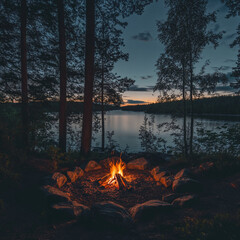 A peaceful evening scene of a small campfire burning within a stone ring on a forested shore overlooking a calm lake at twilight.