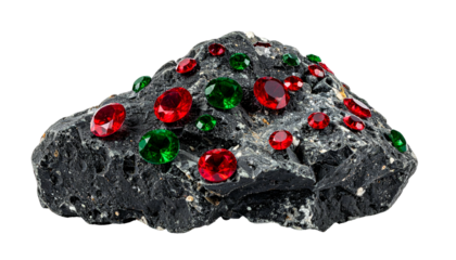 A rough gray rock encrusted with various sizes of red and green gemstones