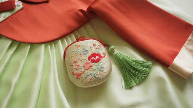 Traditional korean hanbok clothing with embroidered pouch and tassel