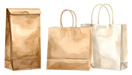 Watercolor illustration of three paper shopping bags in different styles and shades
