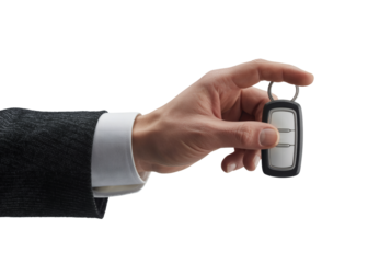 Hand holding a car key fob isolated on transparent background