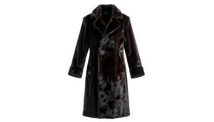Full-length, dark brown, fur coat with a double-breasted design and classic collar