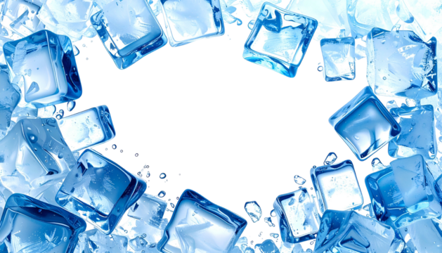 A border of translucent, blue ice cubes framing a black void - Powered by Adobe