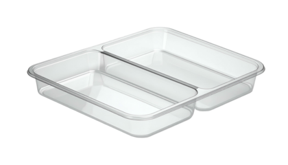 Isometric view of a clear plastic divided food tray. 3 sections. Smooth surface