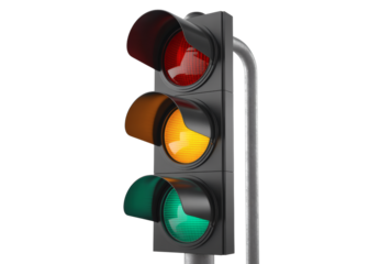 Traffic light with red, yellow, and green lights isolated on transparent background