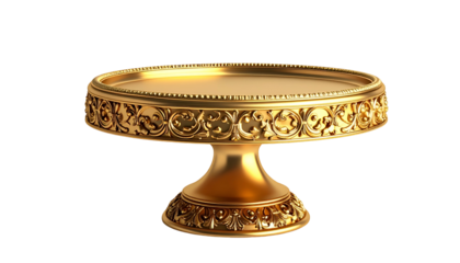 Ornate gold tiered serving stand with detailed carvings, isolated on a black background