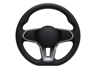 Black steering wheel with silver accents isolated on transparent background
