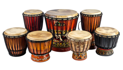 Group of seven colorful African hand drums isolated on black background, varied sizes