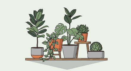 Collection of various potted plants on wooden shelves, indoor gardening setup with different green plants and succulents