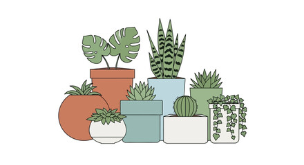 Collection of various potted plants and cacti in different pots on white background