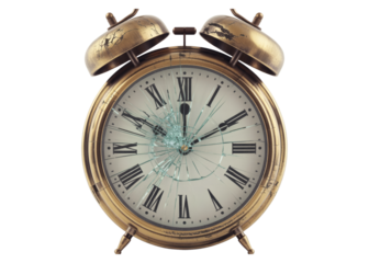 Vintage gold alarm clock with broken glass face isolated on transparent background
