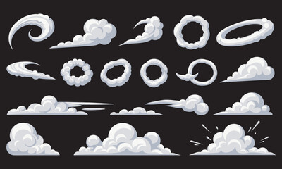 Explosive smoke cartoon clouds, bomb blast cartoon effects, explosion and dust swirl elements, fog and mist shapes, bomb smoky explosions, vector illustration © Murad