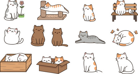 Cute cartoon cat character collection featuring kittens sleeping playing and sitting in various poses isolated on white background © Sumona