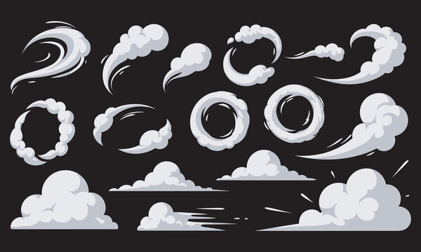 Explosive smoke cartoon clouds, bomb blast cartoon effects, explosion and dust swirl elements, fog and mist shapes, bomb smoky explosions, vector illustration