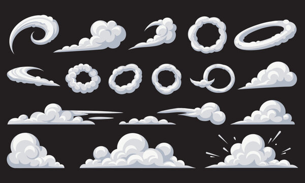 Explosive smoke cartoon clouds, bomb blast cartoon effects, explosion and dust swirl elements, fog and mist shapes, bomb smoky explosions, vector illustration