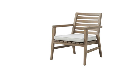 Wooden outdoor chair with white cushion isolated on a transparent background