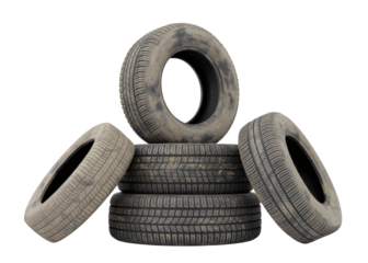 Stack of dirty used tires isolated on transparent background