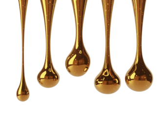 Golden liquid drops falling down isolated on transparent background