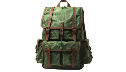 Green waxed canvas backpack with brown leather straps and multiple pockets