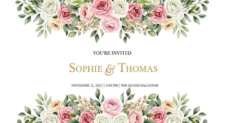 Elegant wedding invitation with floral wreath and gold lettering on white background