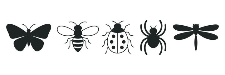 A stylized collection of various insect and bug silhouettes for modern graphic design projects and digital illustrations