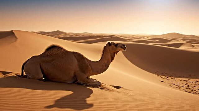 Majestic camel resting in serene desert landscape at sunset