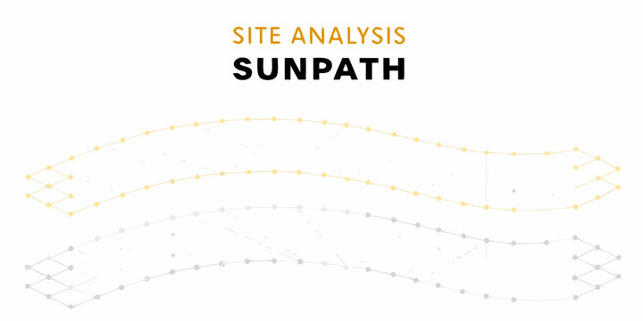 Site analysis displaying sunpath diagrams with curved lines and dotted points