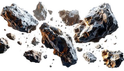 Floating collection of irregular asteroid fragments with textured surfaces, lit artistically