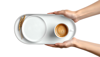 Hands holding a modern, white, oval tray with coffee, a plate, and wheat, isolated