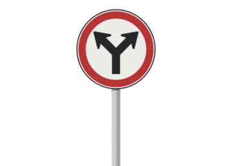 Road sign with two arrows pointing in opposite directions isolated on transparent background
