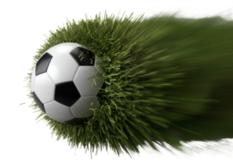 Soccer ball kicking green grass isolated on transparent background
