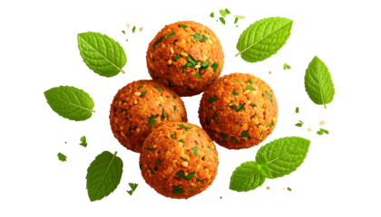 Four seasoned, spherical food items with green herbs and leaves around them