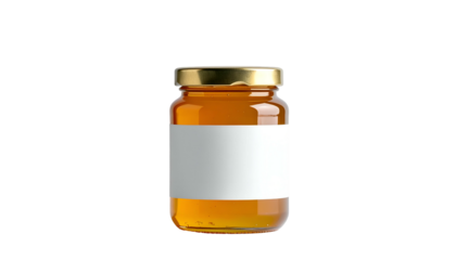 A glass jar filled with amber liquid, gold lid, and blank white label against black