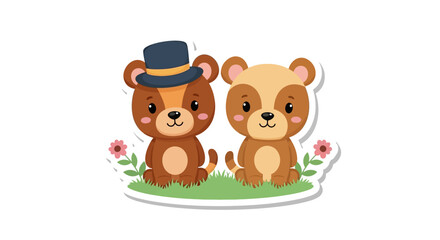 Two cartoon bears with flowers and hat on green grass, isolated on white background, vector illustration