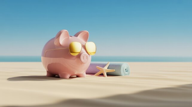 Pink piggy bank wearing sunglasses on a sunny sandy beach - Powered by Adobe