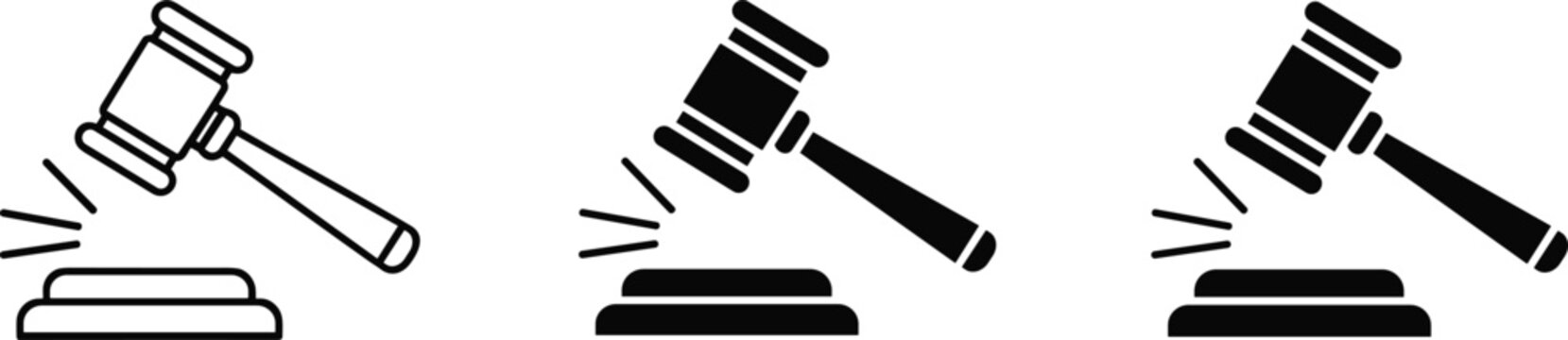 Judge gavel vector icon set featuring outline and silhouette styles for law justice and auction concepts