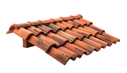 Isolated section of a terracotta roof, angled, showing aged tiles and some wear