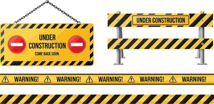 Under construction warning signs and yellow barricades with striped tapes for road safety work