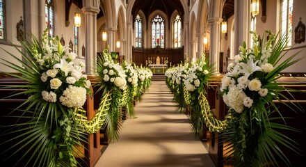 Church interior decorated with white flowers and palm fronds for ceremony or Palm Sunday service. Religious celebration concept.