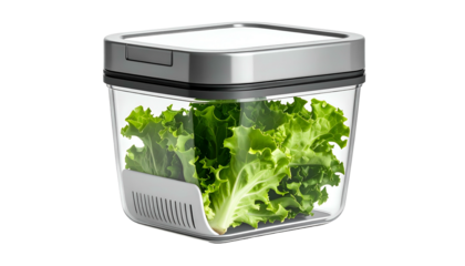 Square clear food storage container with a metal top holding fresh green lettuce