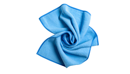 A tightly swirled, bright blue cleaning cloth with darker blue borders on a black background