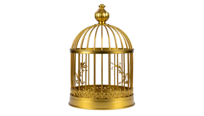 Gold birdcage with ornate design, set against a stark black background