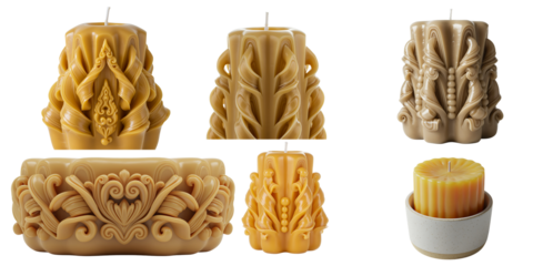 set of ornate carved wax candles on white background